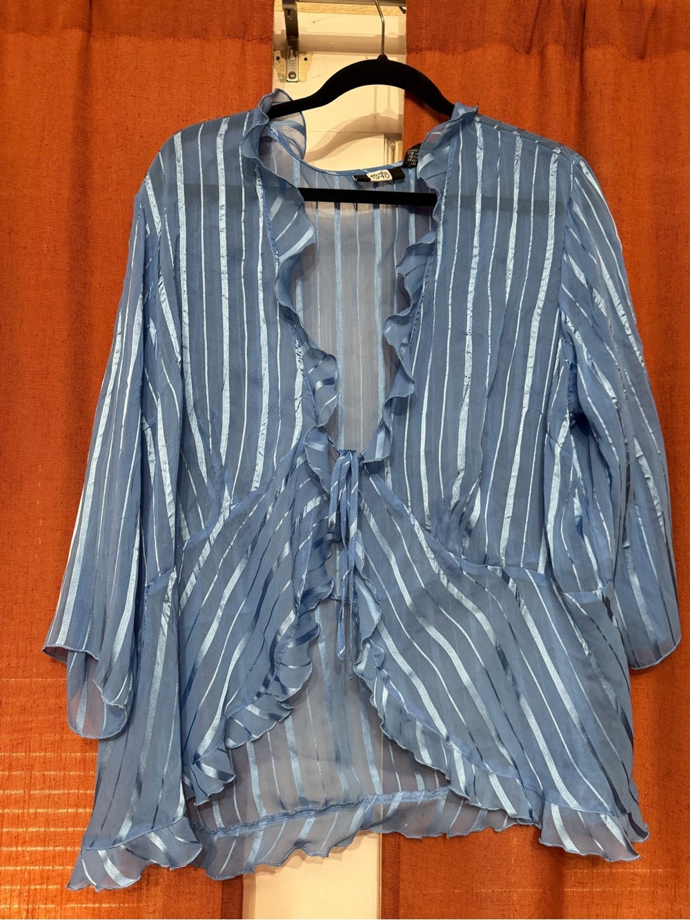 Vintage Studio 1940 Blue Striped Sheer Ruffle Tie Blouse